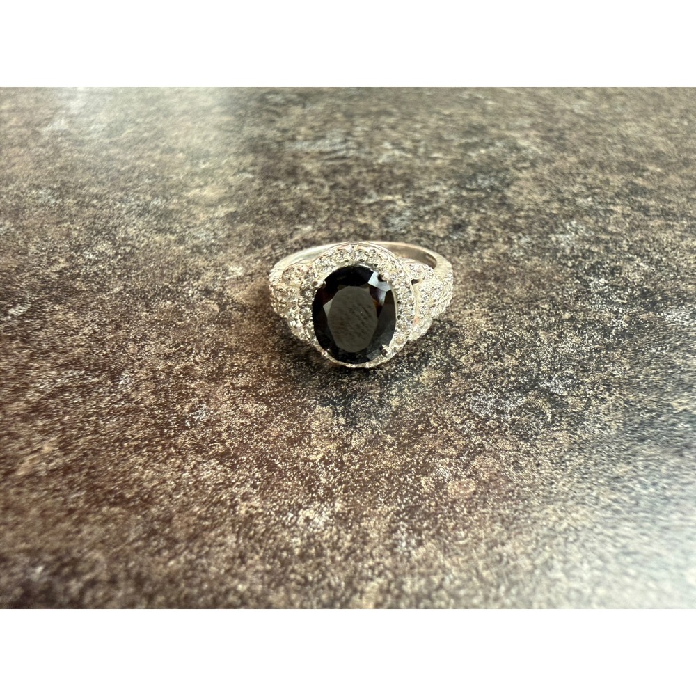 Black Oval Halo Cocktail Ring Silver Tone Statement Band Size 7